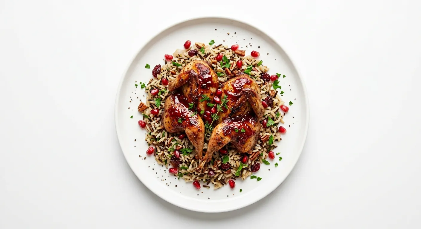 Exotic Spiced Quail with Pomegranate Glaze and Wild Rice Pilaf