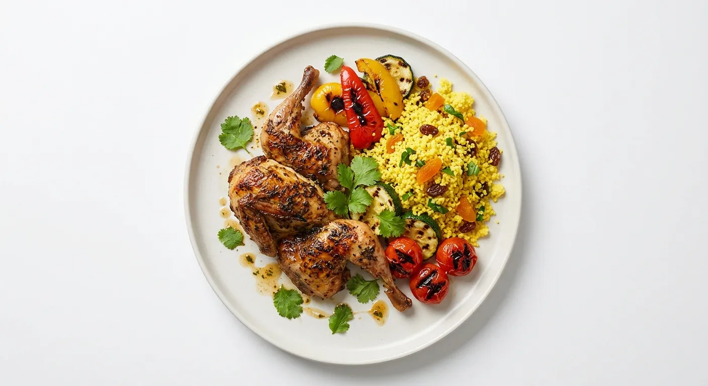 Exotic Spiced Quail with Saffron Couscous and Grilled Vegetables