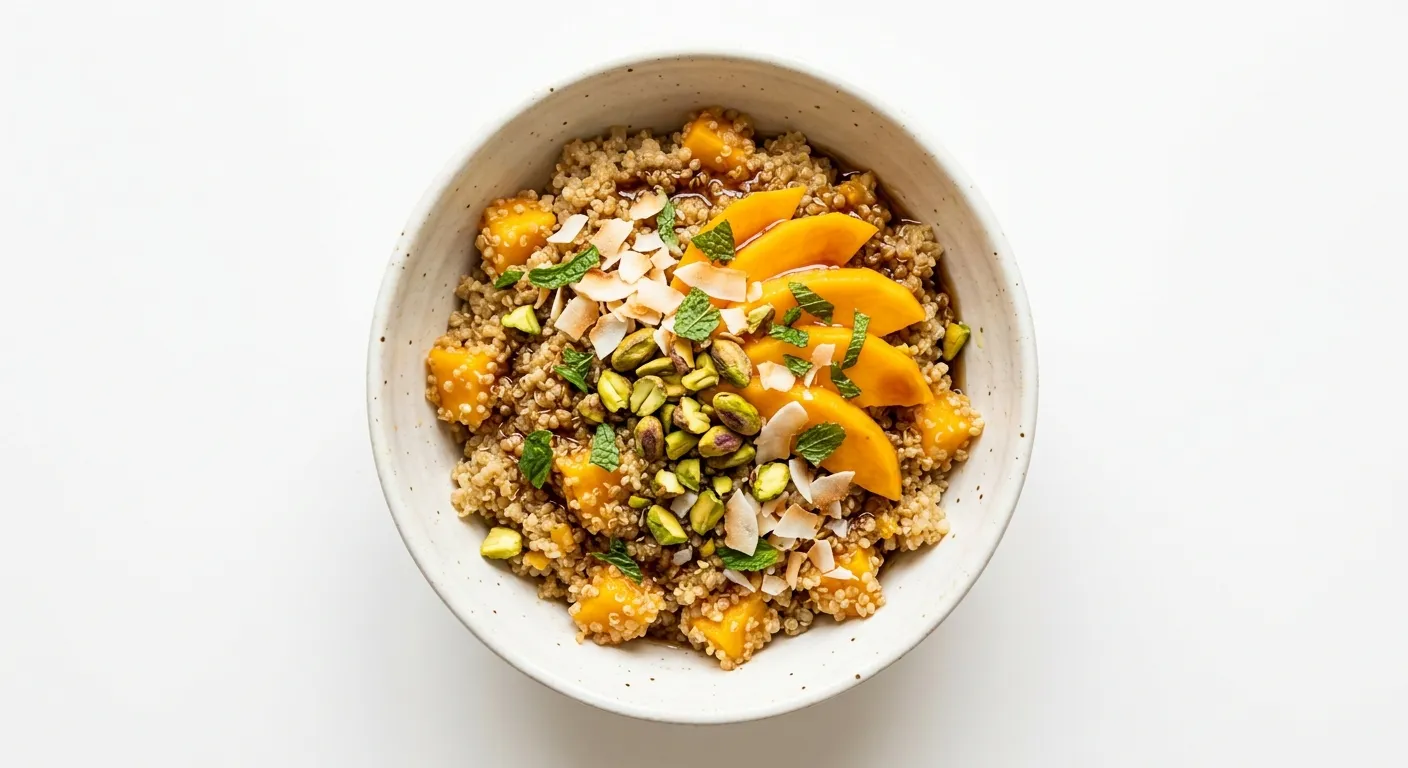 Exotic Spiced Quinoa Breakfast Bowl with Mango and Pistachios