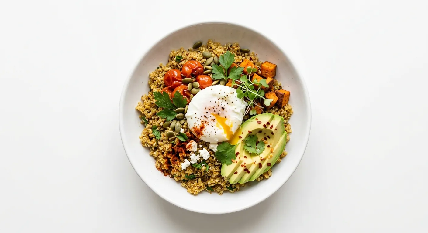 Exotic Spiced Quinoa Breakfast Bowl with Poached Egg and Avocado