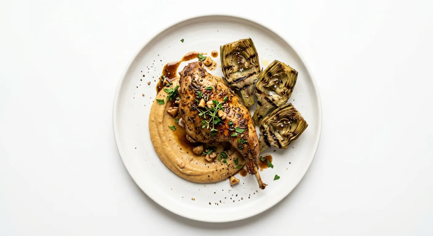 Exotic Spiced Rabbit with Chestnut Purée and Grilled Artichokes
