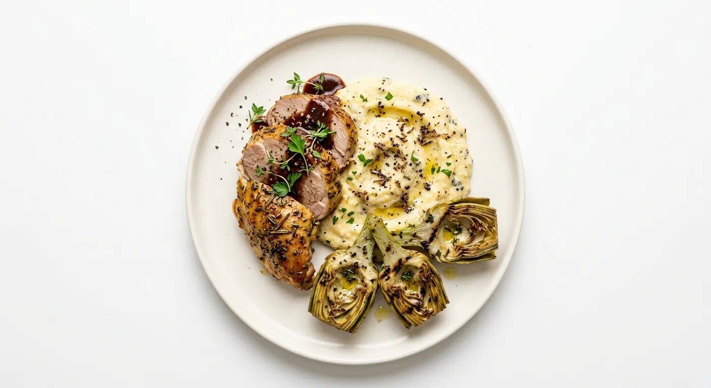 Exotic Spiced Rabbit with Truffle Polenta and Grilled Artichokes
