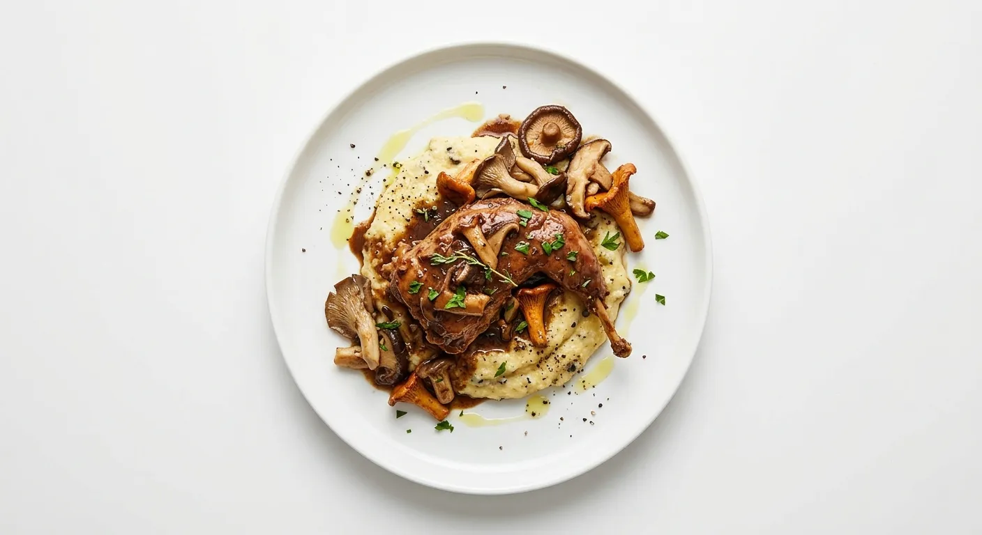 Exotic Spiced Rabbit with Wild Mushroom and Truffle Polenta