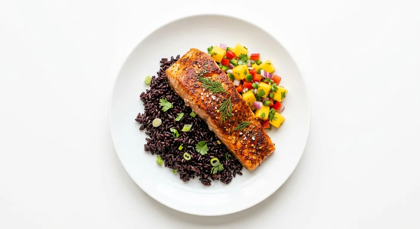 Exotic Spiced Salmon with Black Rice and Mango Salsa