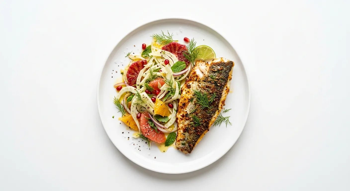 Exotic Spiced Sea Bass with Citrus and Fennel Salad