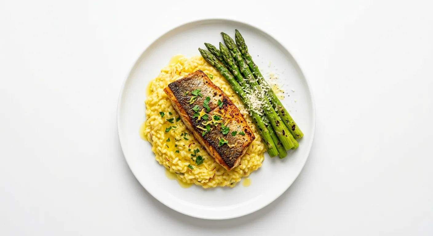 Exotic Spiced Sea Bass with Saffron Risotto and Grilled Asparagus