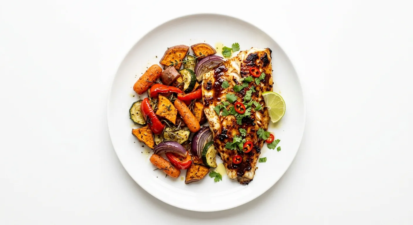 Exotic Spiced Sea Bass with Tamarind Glaze and Roasted Vegetables