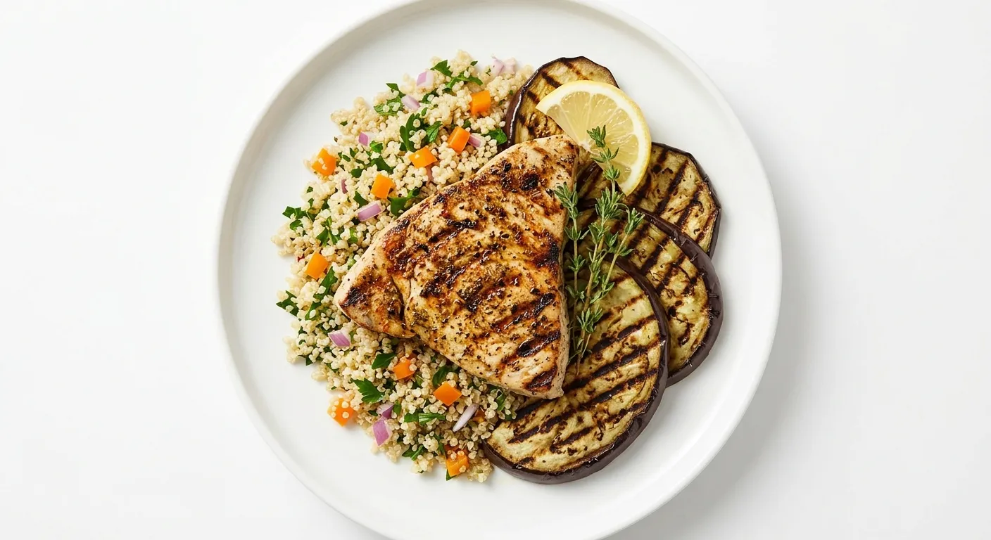 Exotic Spiced Swordfish with Quinoa and Grilled Eggplant