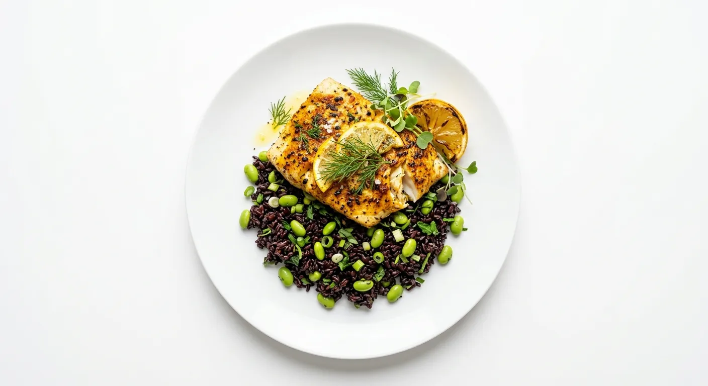 Exotic Spiced Turbot with Black Rice and Edamame