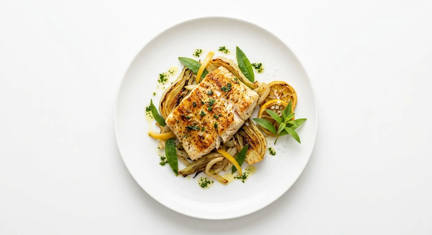 Exotic Spiced Turbot with Lemon Verbena and Roasted Fennel