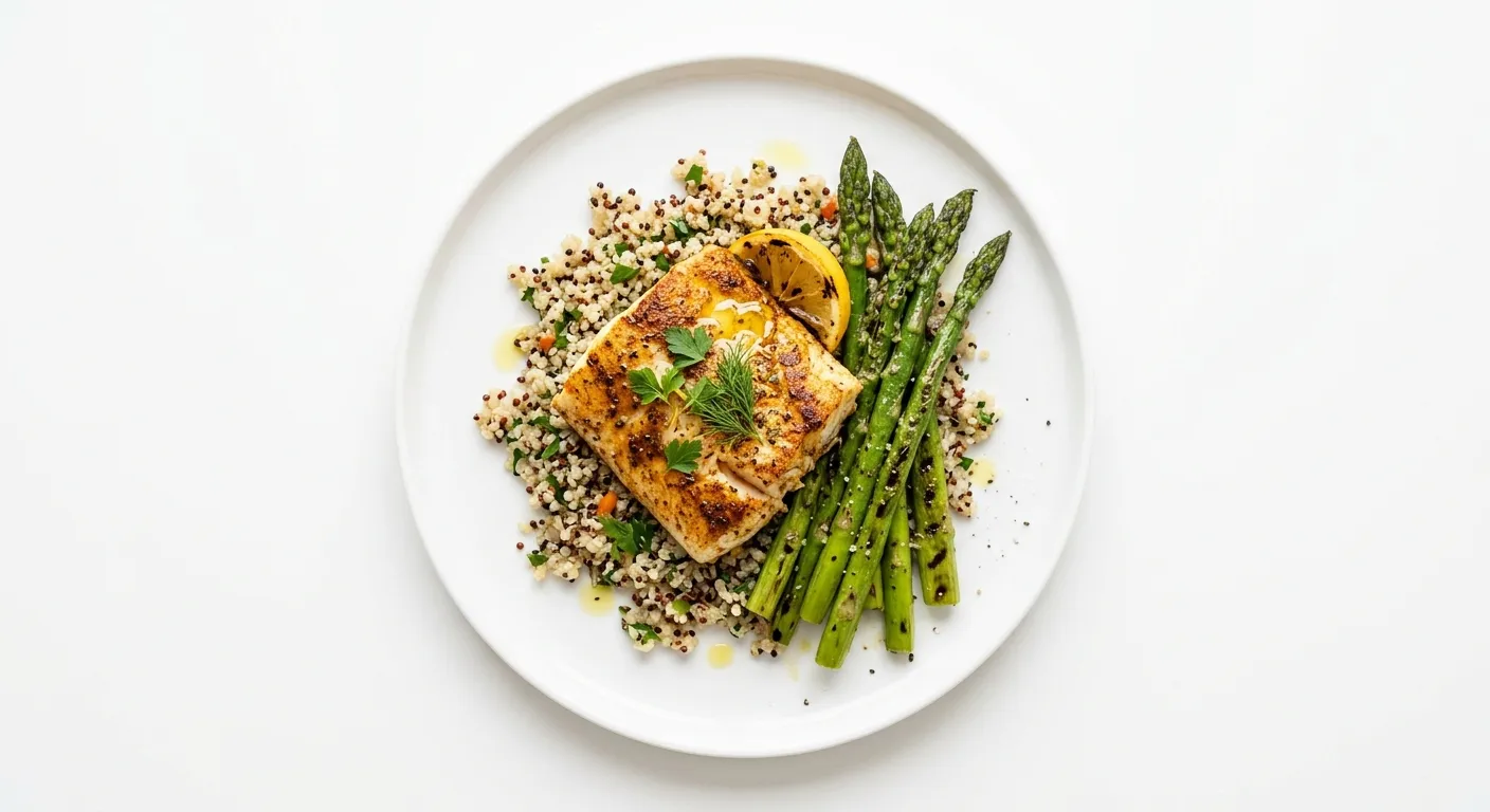 Exotic Spiced Turbot with Quinoa and Grilled Asparagus