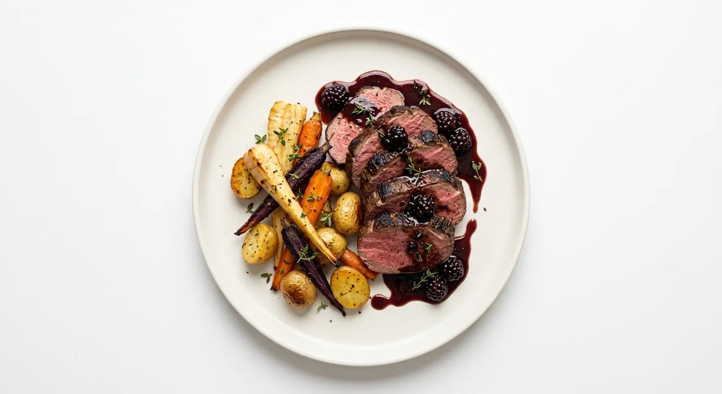Exotic Spiced Venison Loin with Blackberry Reduction and Roasted Root Vegetables