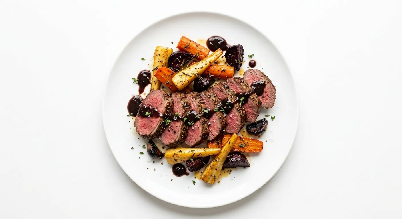 Exotic Spiced Venison with Black Garlic and Roasted Root Vegetables