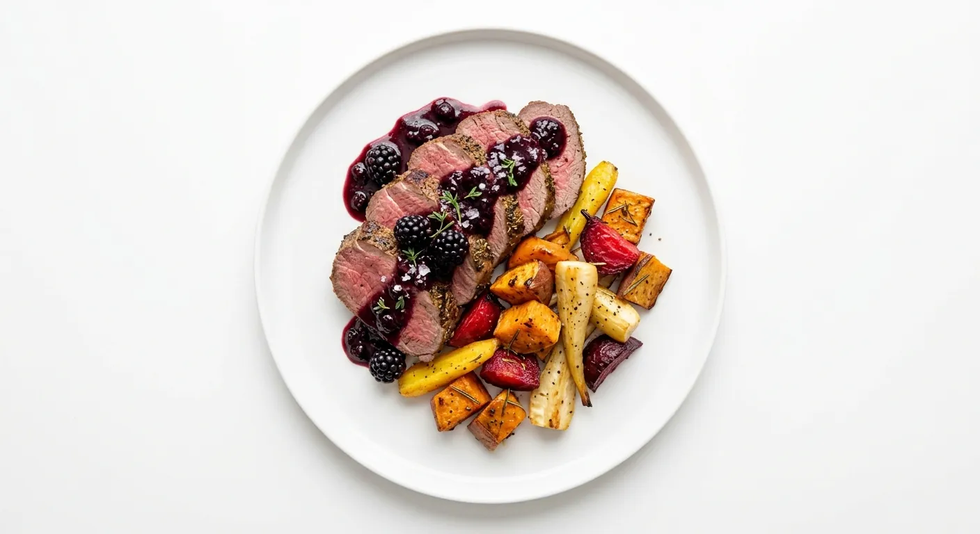 Exotic Spiced Venison with Blackberry Reduction and Roasted Root Vegetables
