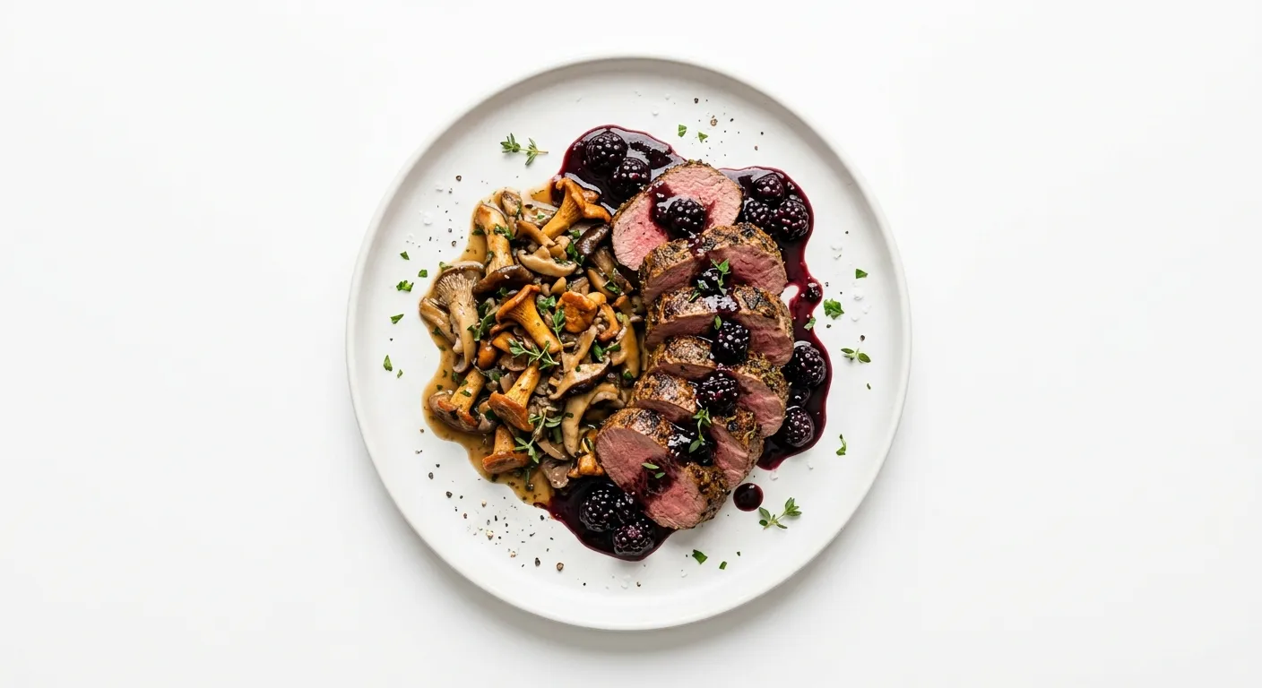 Exotic Spiced Venison with Blackberry Reduction and Wild Mushroom Ragout