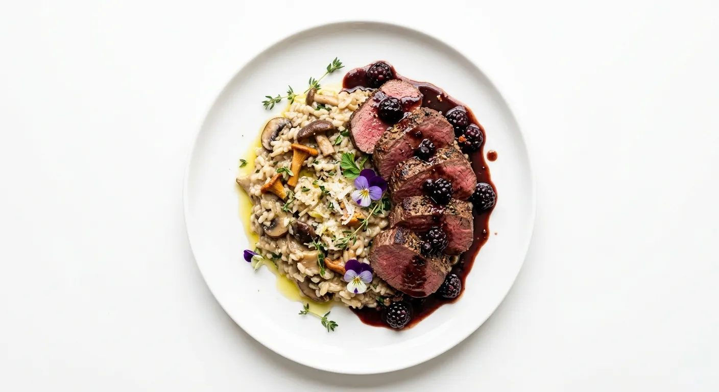 Exotic Spiced Venison with Blackberry Reduction and Wild Mushroom Risotto
