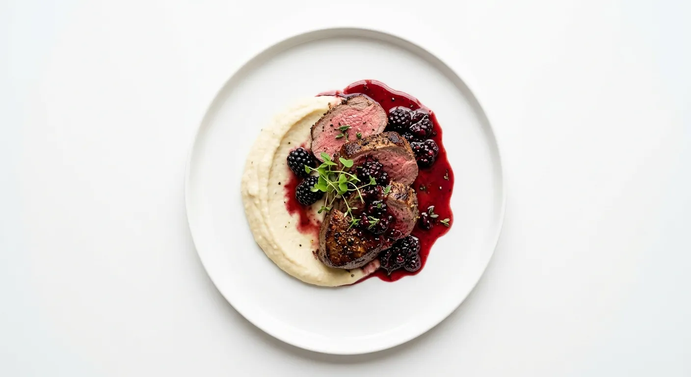 Exotic Spiced Venison with Blackberry Sauce and Celeriac Purée