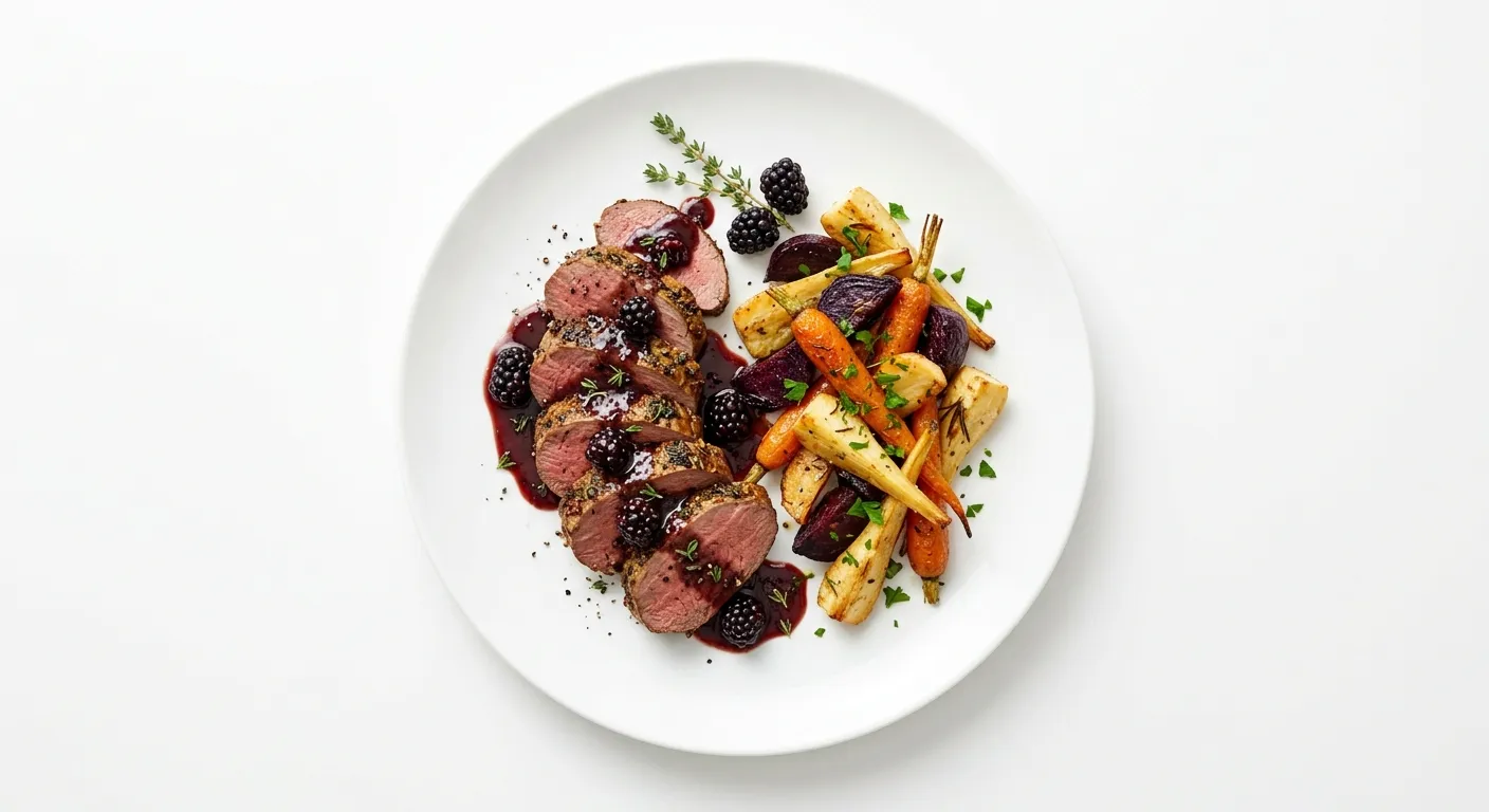 Exotic Spiced Venison with Blackberry Sauce and Roasted Root Vegetables