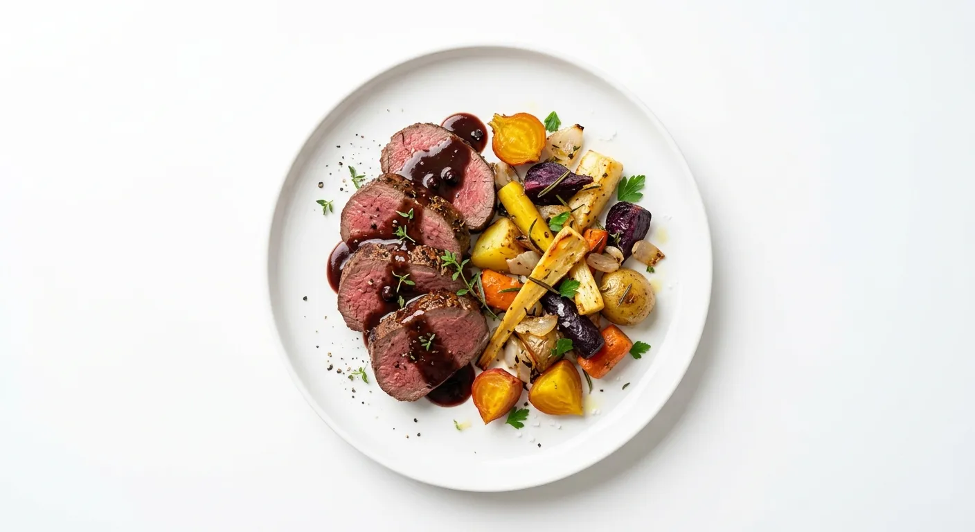 Exotic Spiced Venison with Red Wine Reduction and Roasted Root Vegetables
