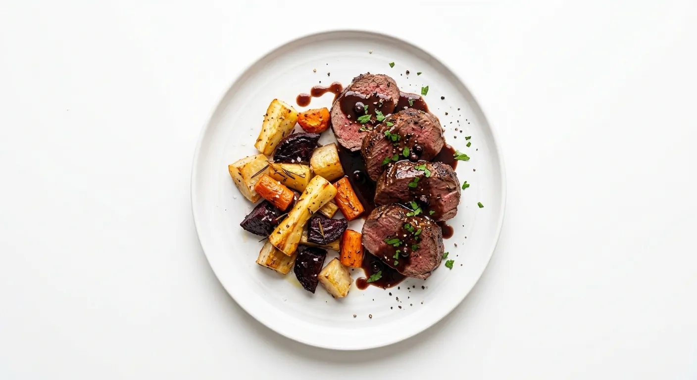 Exotic Spiced Venison with Red Wine Reduction and Root Vegetable Medley