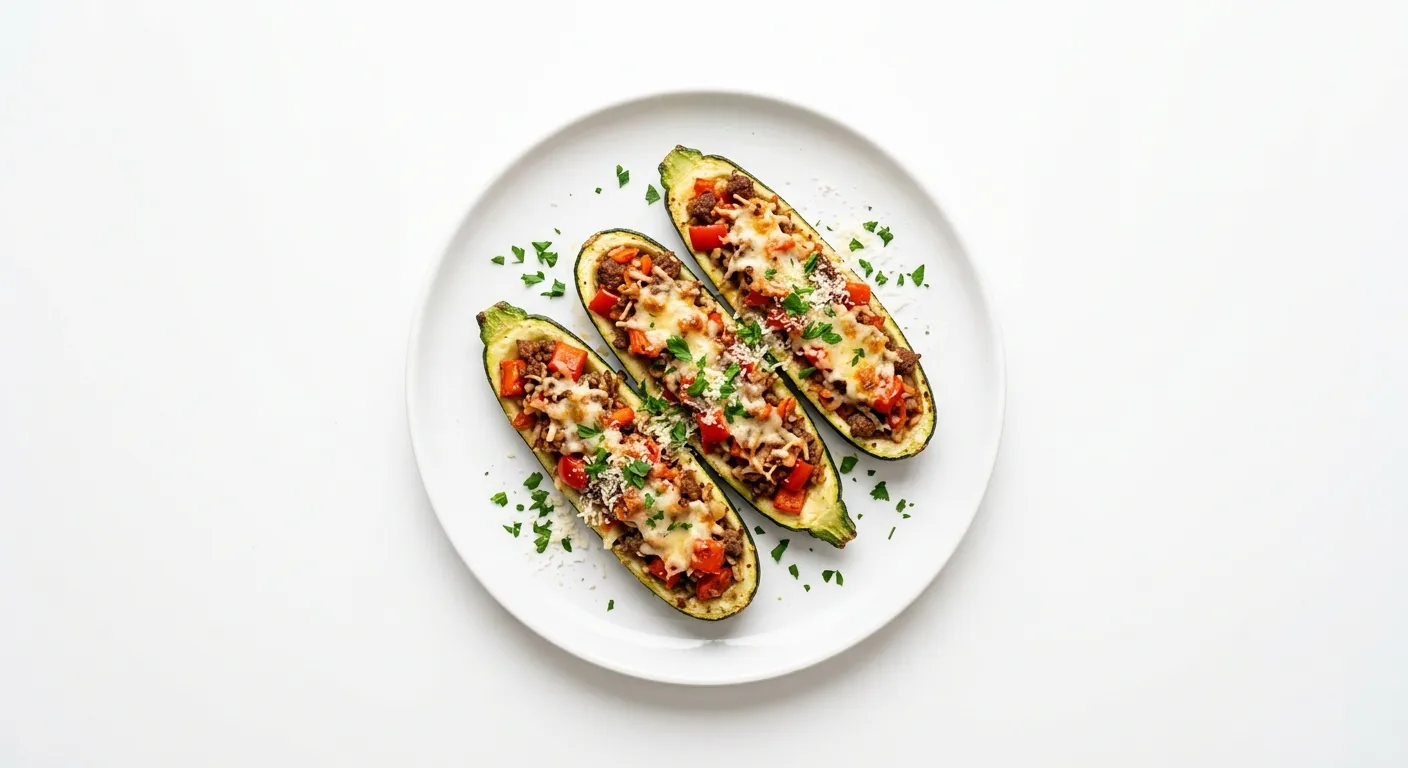 Stuffed Zucchini with Red Bell Pepper and Ground Beef
