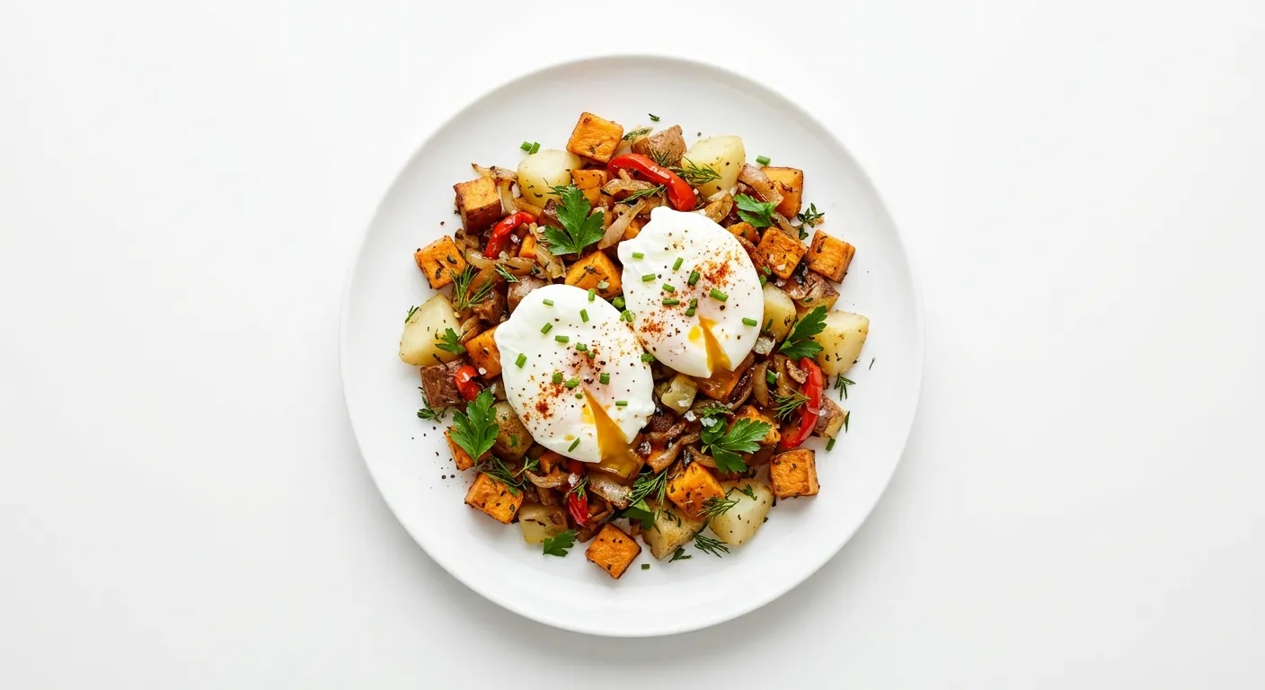 Sweet Potato and Boiled Potato Hash with Poached Eggs