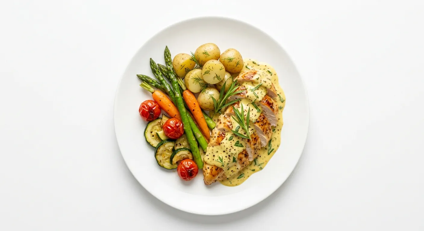 Tarragon Chicken with Mustard Yoghurt Sauce and Seasonal Vegetables