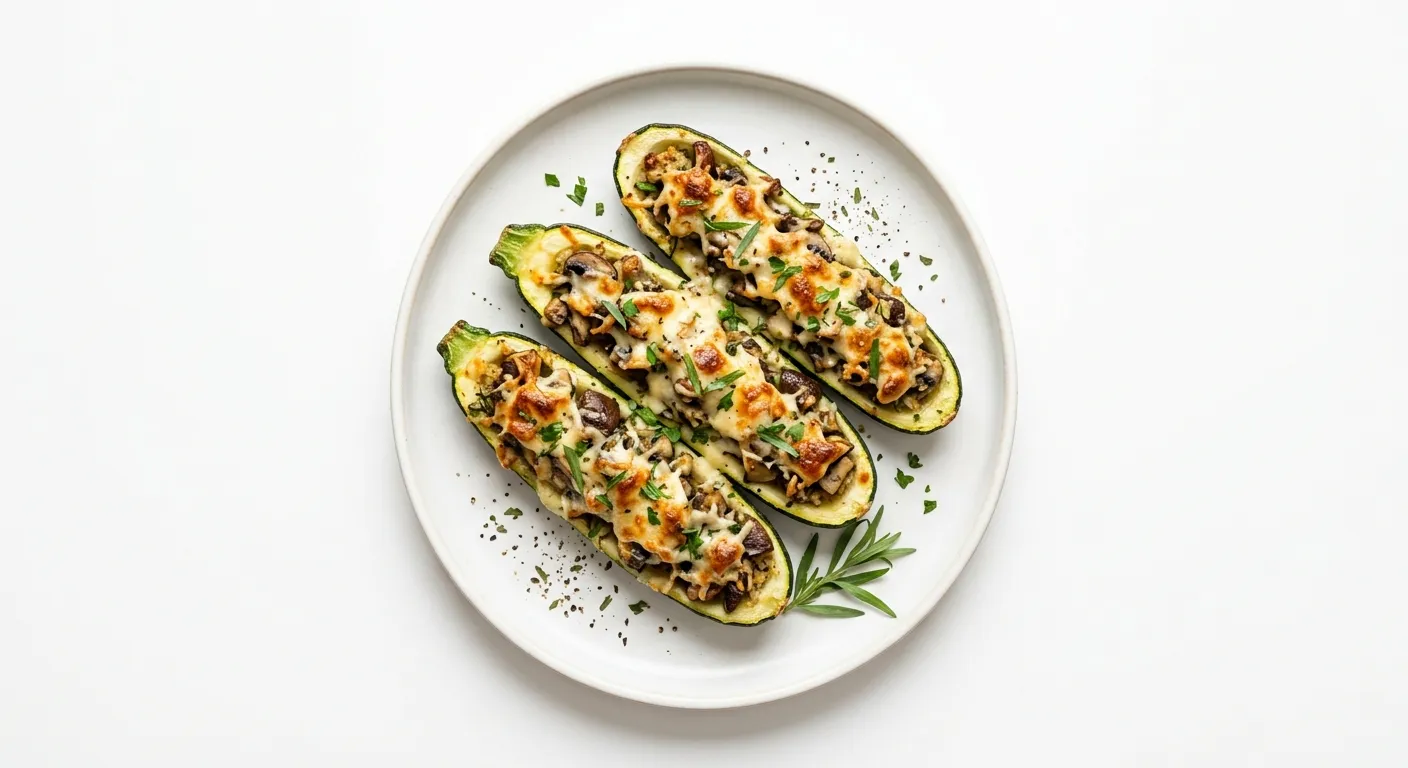 Tarragon Mushroom and Cheese Stuffed Zucchini