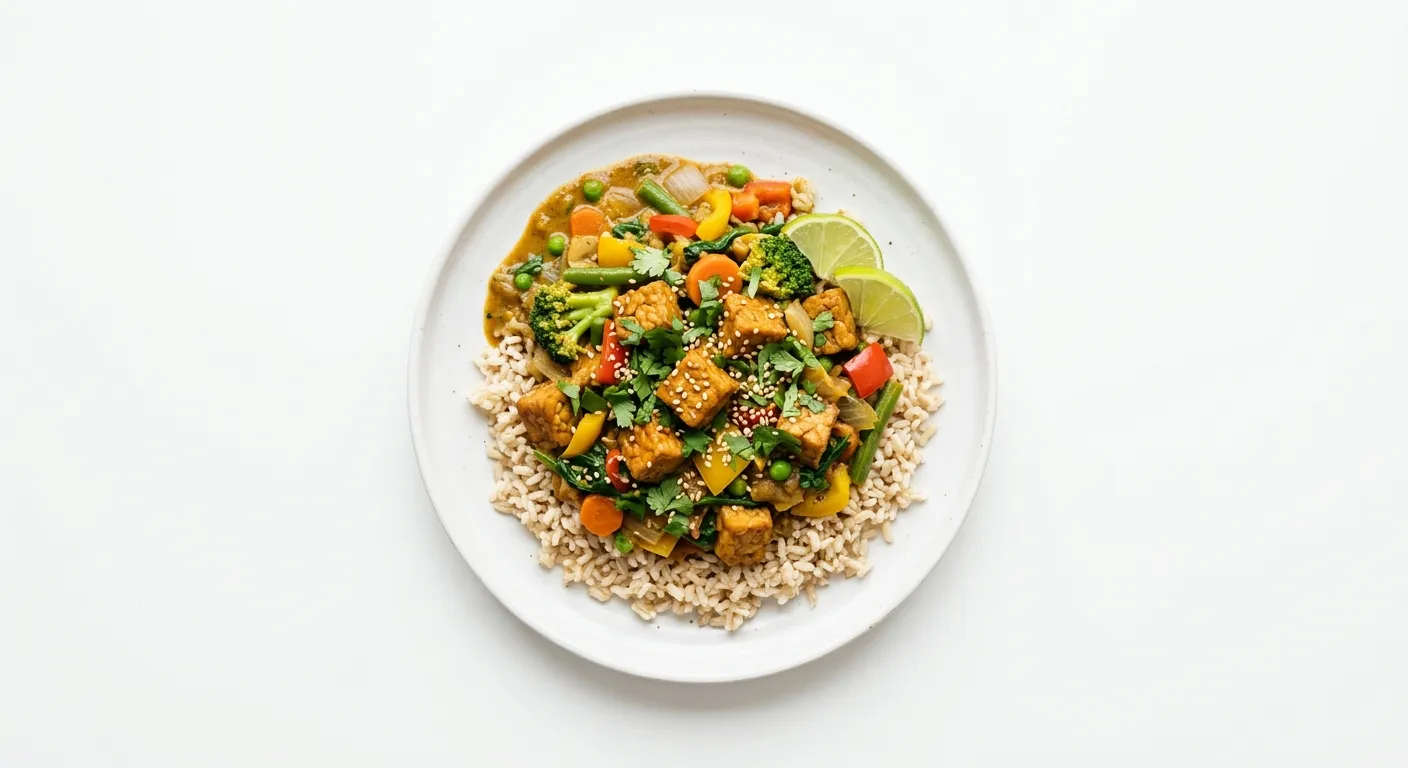 Tempeh Curry with Brown Rice and Mixed Vegetables