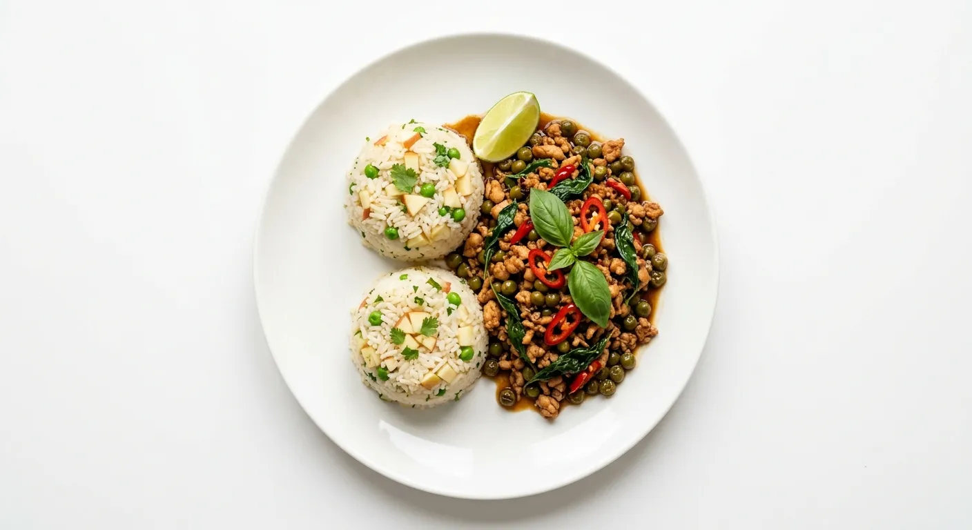 Thai Basil Chicken with Tinned Peas and Apple Rice Cups