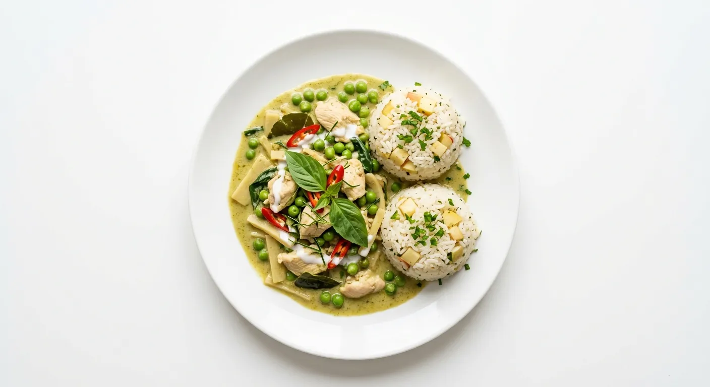 Thai Green Curry Chicken with Tinned Peas and Apple Rice Cups