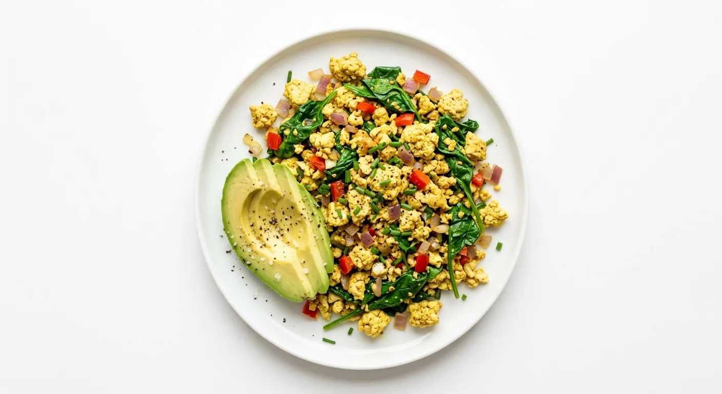 Spicy Tofu and Spinach Scramble with Avocado