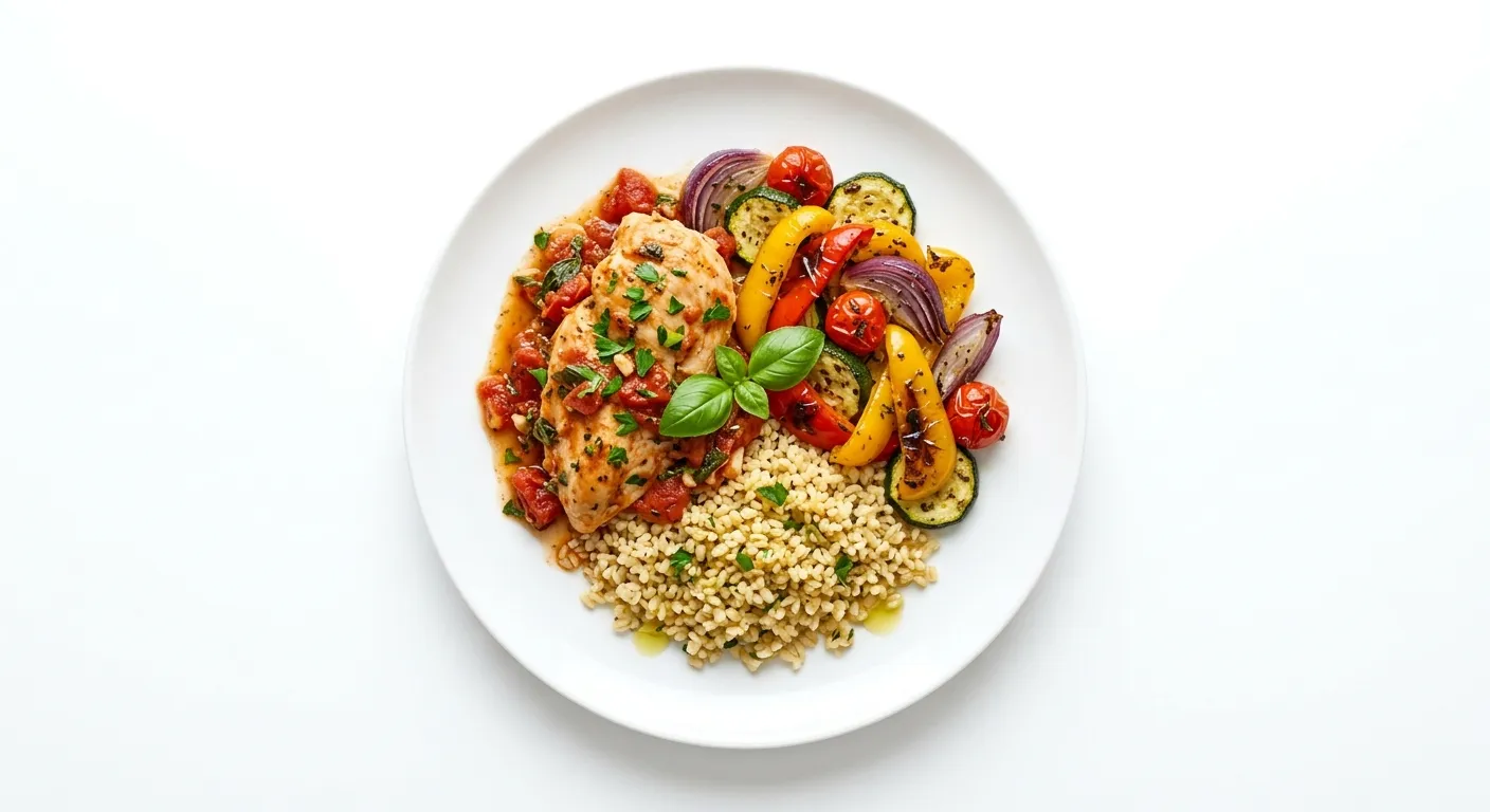 Tomato and Herb Chicken with Bulgur and Roasted Vegetables