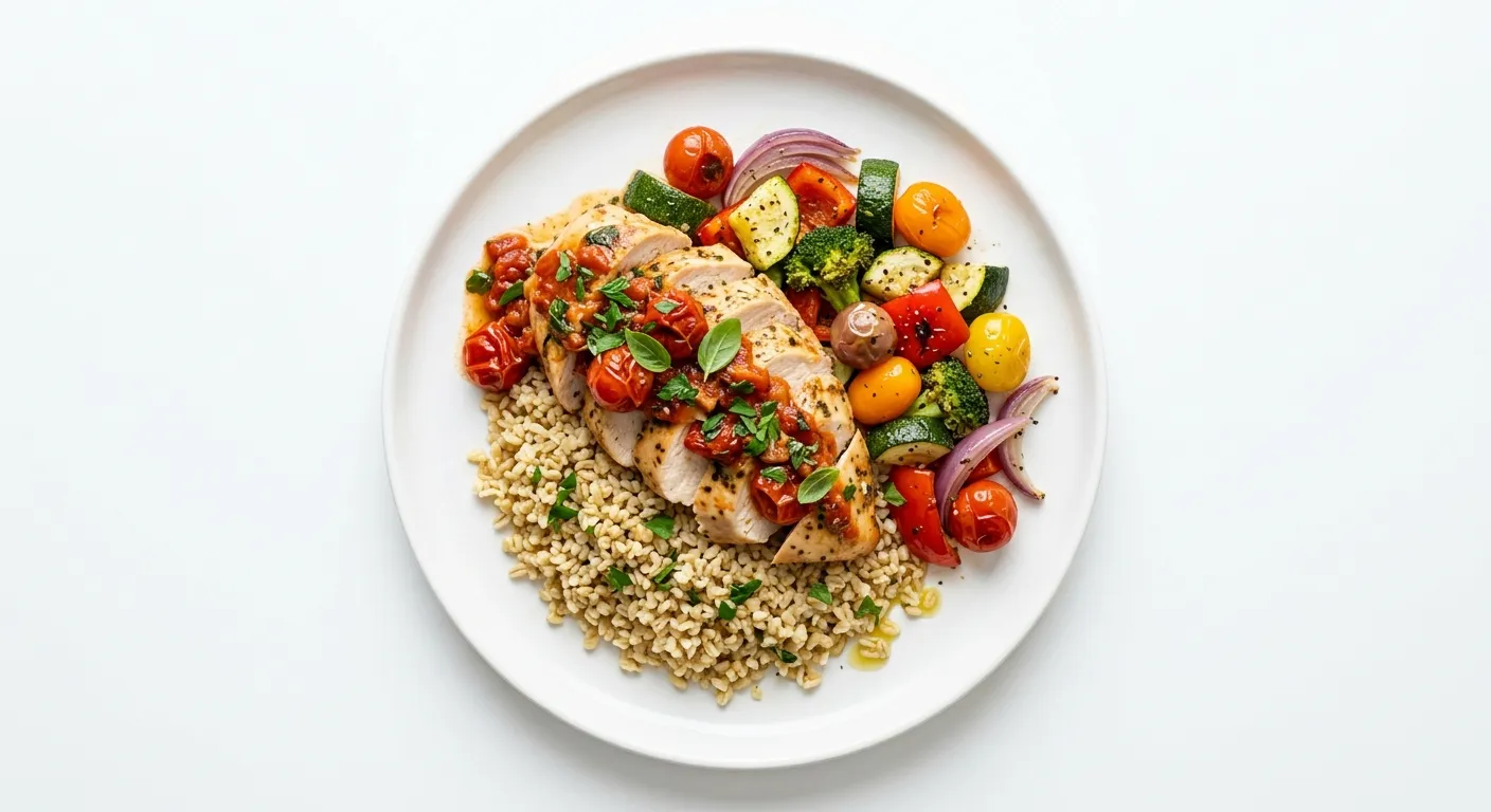 Tomato and Herb Chicken with Bulgur and Seasonal Vegetables