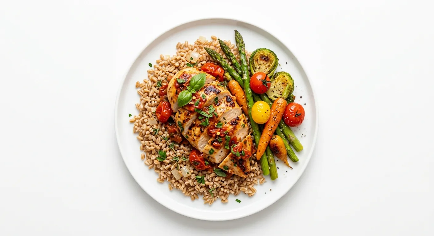 Tomato and Herb Chicken with Farro and Seasonal Vegetables