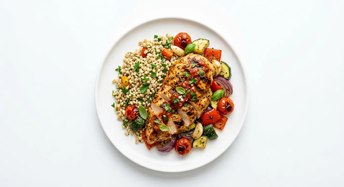 Tomato and Herb Grilled Chicken with Barley and Roasted Vegetables