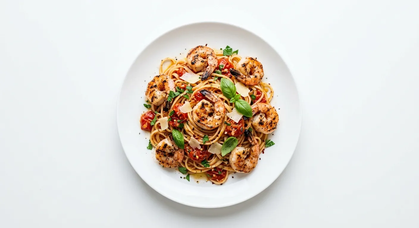 Autumn Tomato and Herb Pasta with Grilled Shrimp