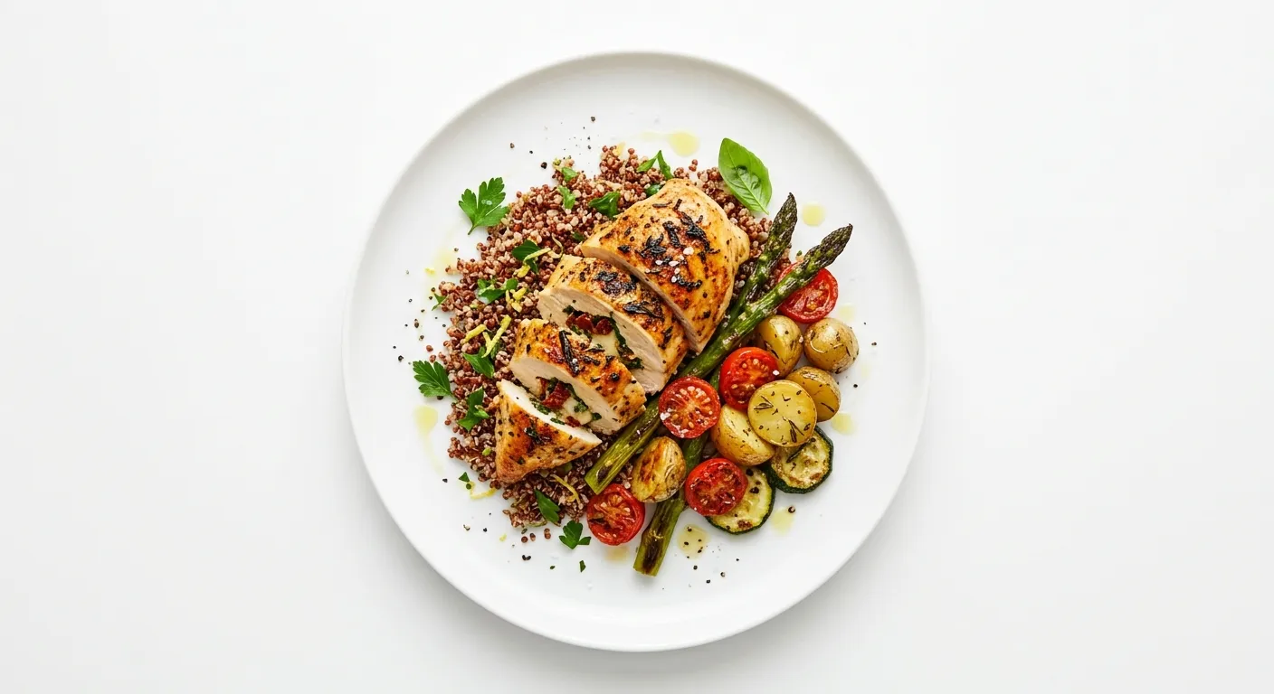 Tomato and Herb Stuffed Chicken Breast with Quinoa and Roasted Vegetables