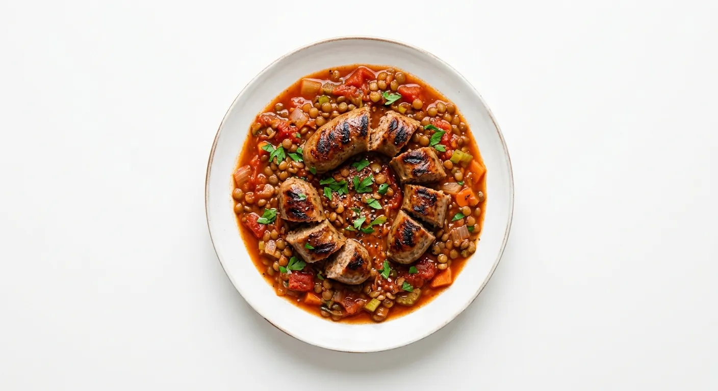 Tomato and Lentil Stew with Grilled Sausages