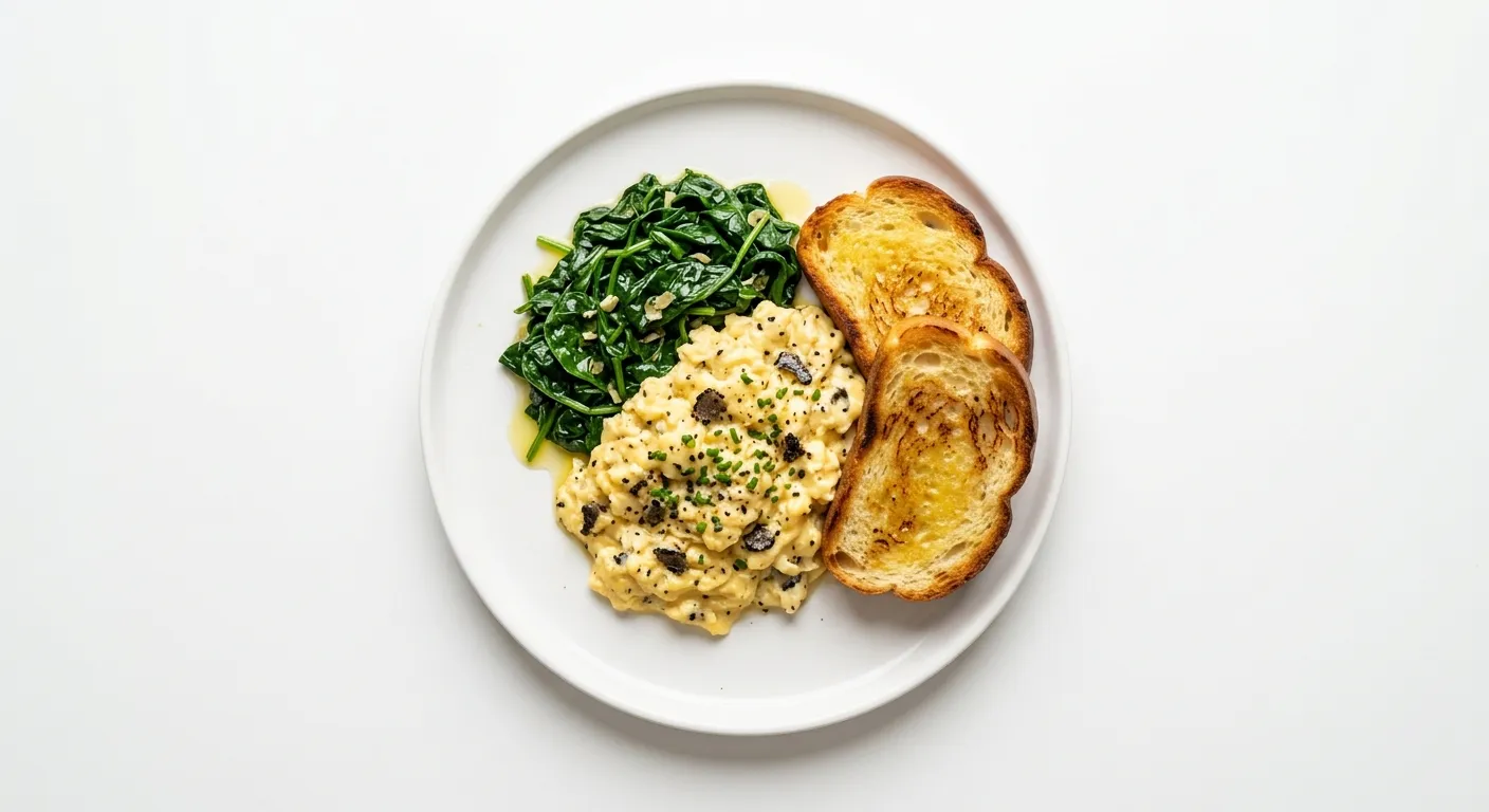 Truffle-Infused Scrambled Eggs with Sautéed Spinach and Toasted Brioche