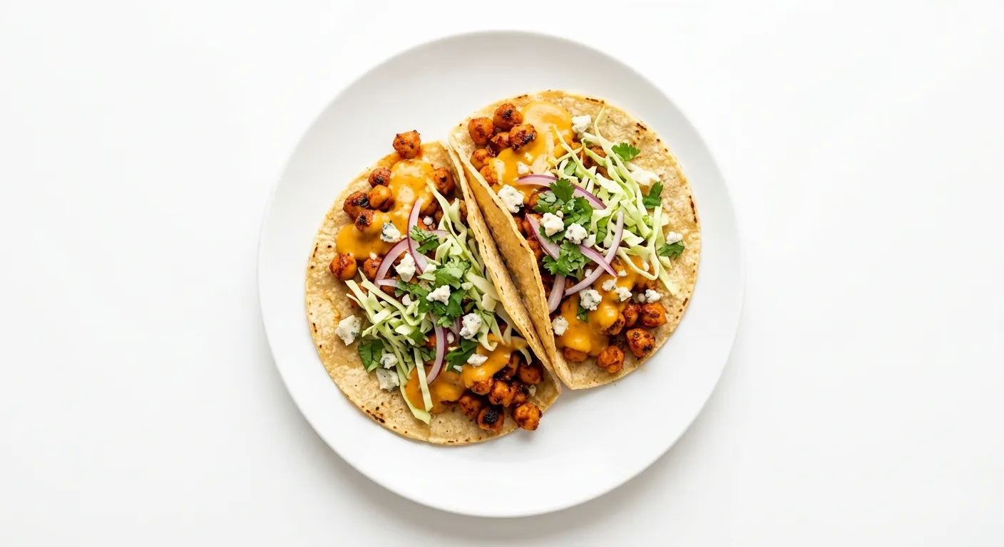 Vegan Buffalo Chickpea Tacos with Cheese Sauce