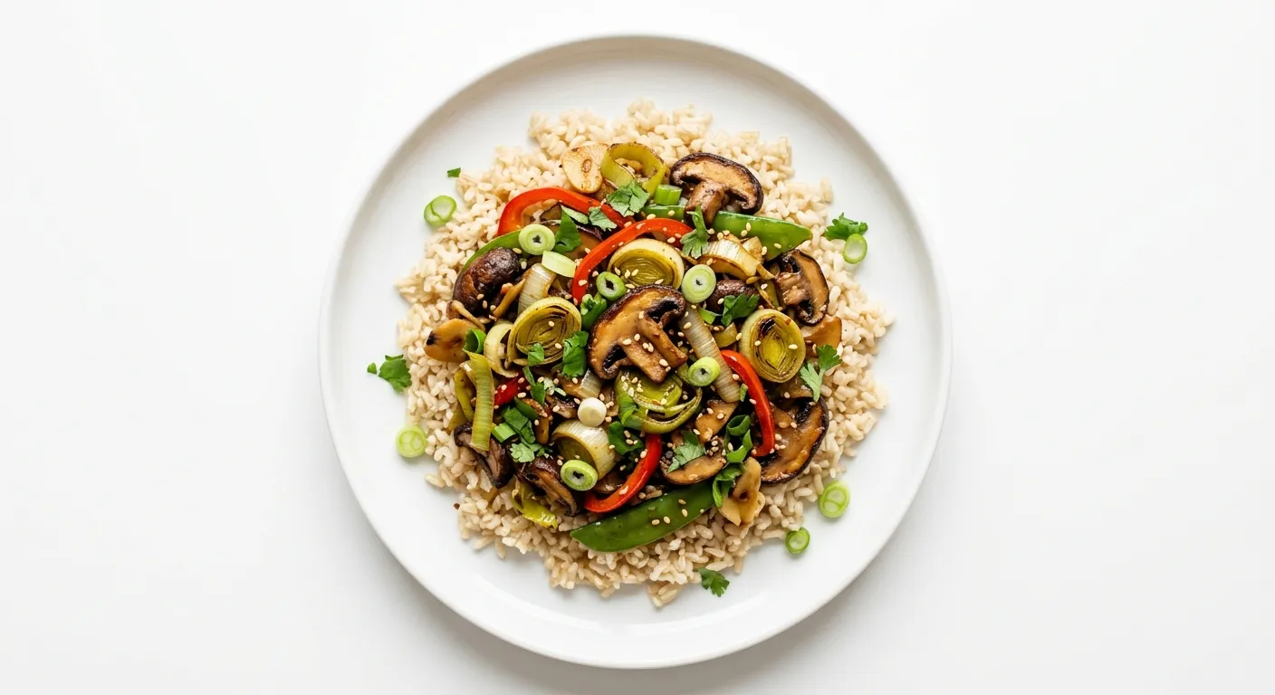Vegan Leek and Mushroom Stir-Fry with Brown Rice