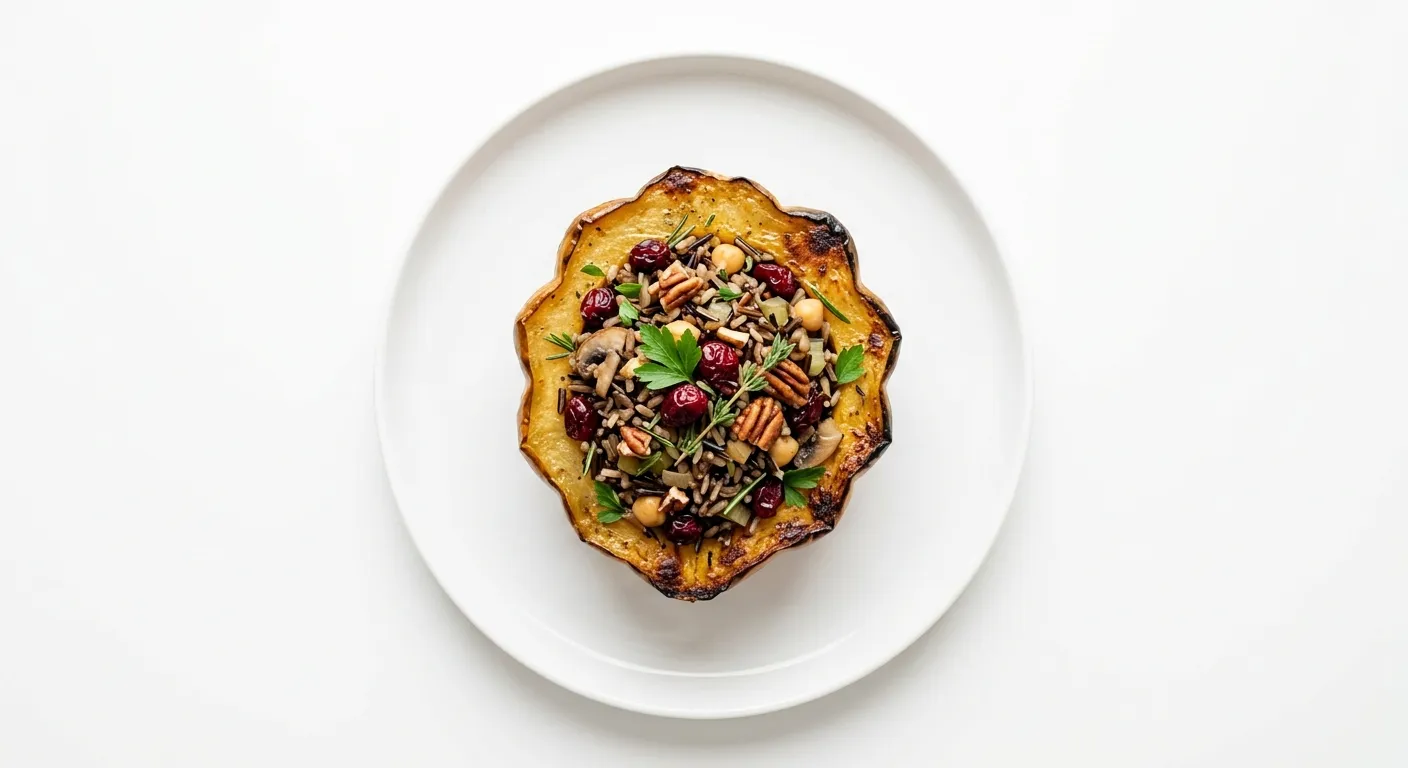 Vegan Stuffed Acorn Squash with Wild Rice and Cranberries