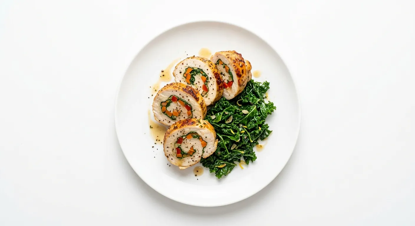 Autumn Vegetable and Chicken Roulade with Sautéed Kale