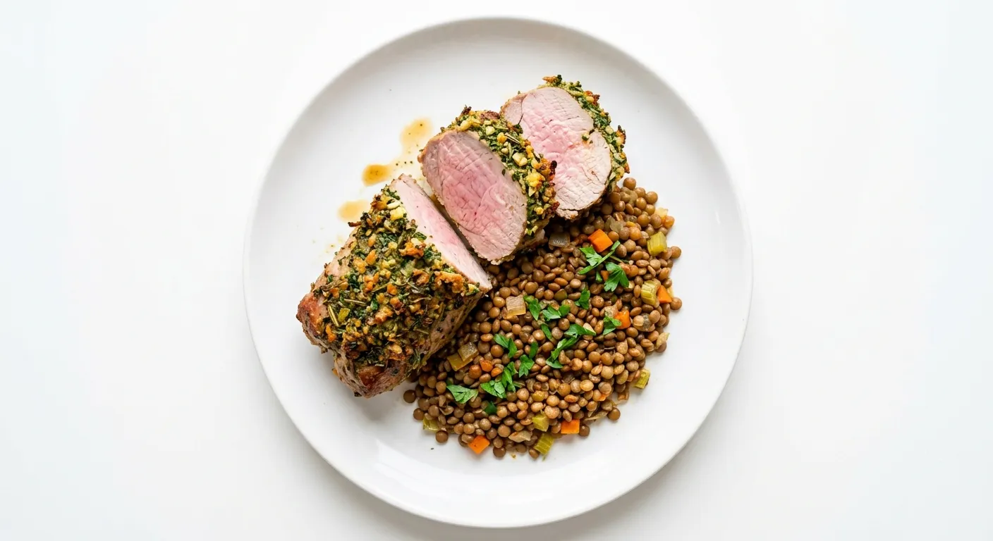 Autumn Vegetable and Herb-Crusted Pork with Spiced Lentils