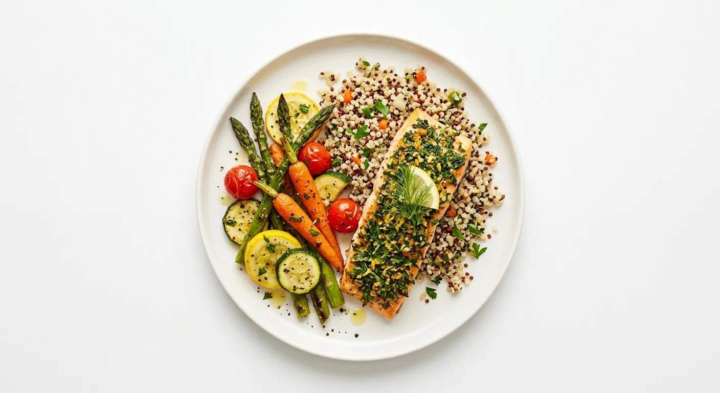 Autumn Vegetable and Herb-Crusted Salmon with Quinoa and Seasonal Vegetables