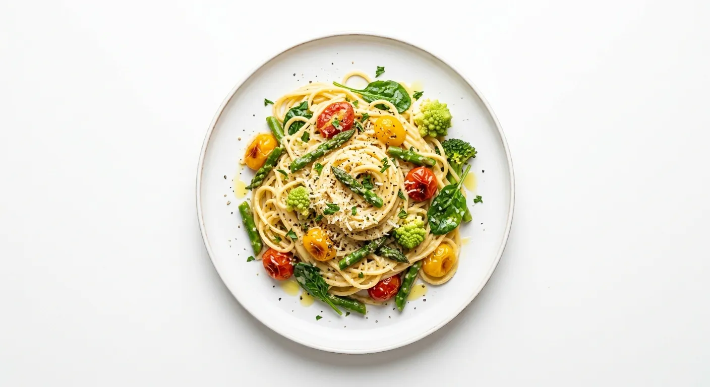 Vegetarian Spaghetti Carbonara with Seasonal Vegetables