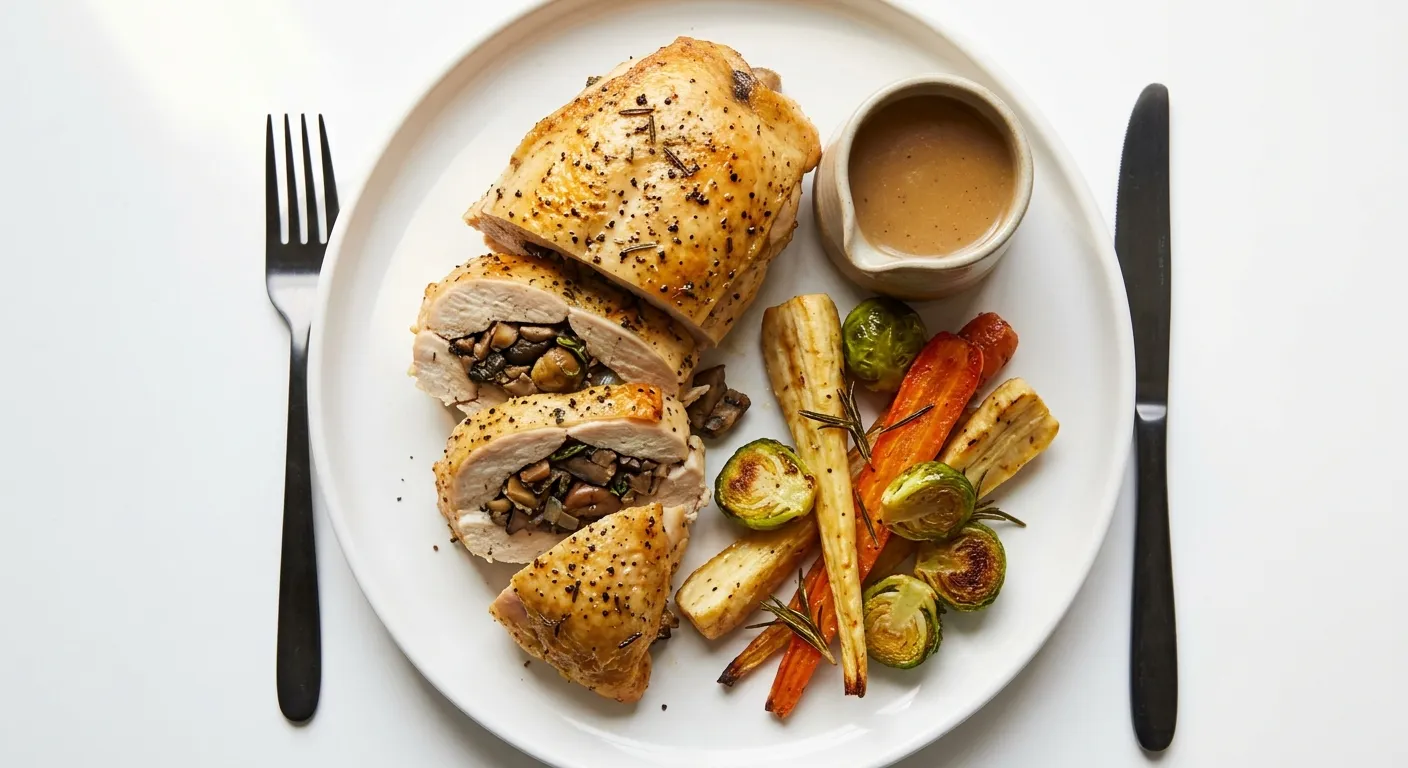 Wild Mushroom and Chestnut Stuffed Chicken with Roasted Winter Vegetables