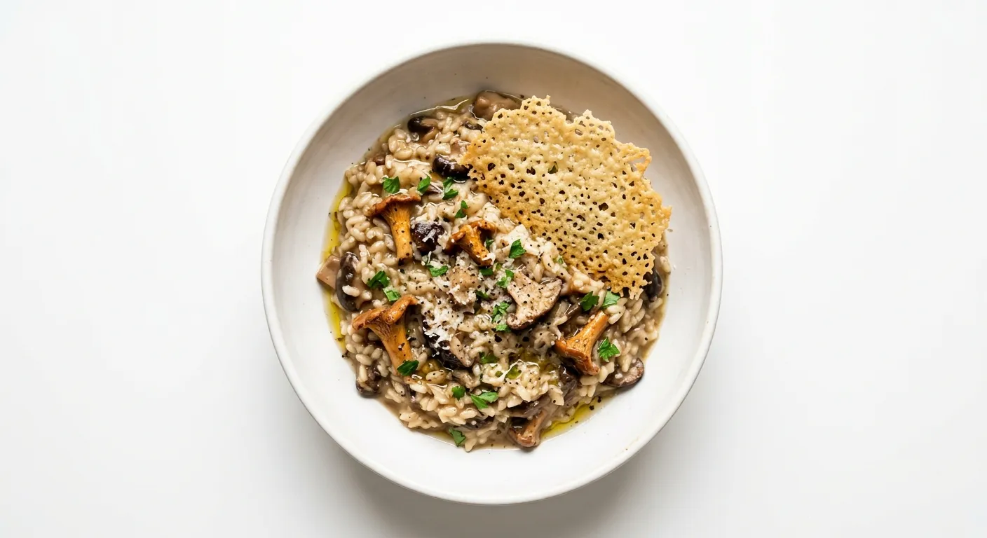 Wild Mushroom Risotto with Truffle Oil and Parmesan Crisp