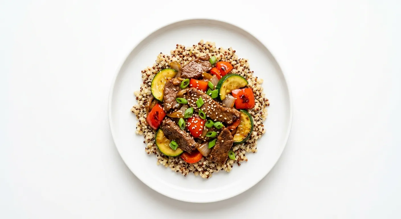 Zucchini and Red Bell Pepper Beef Stir-Fry with Quinoa